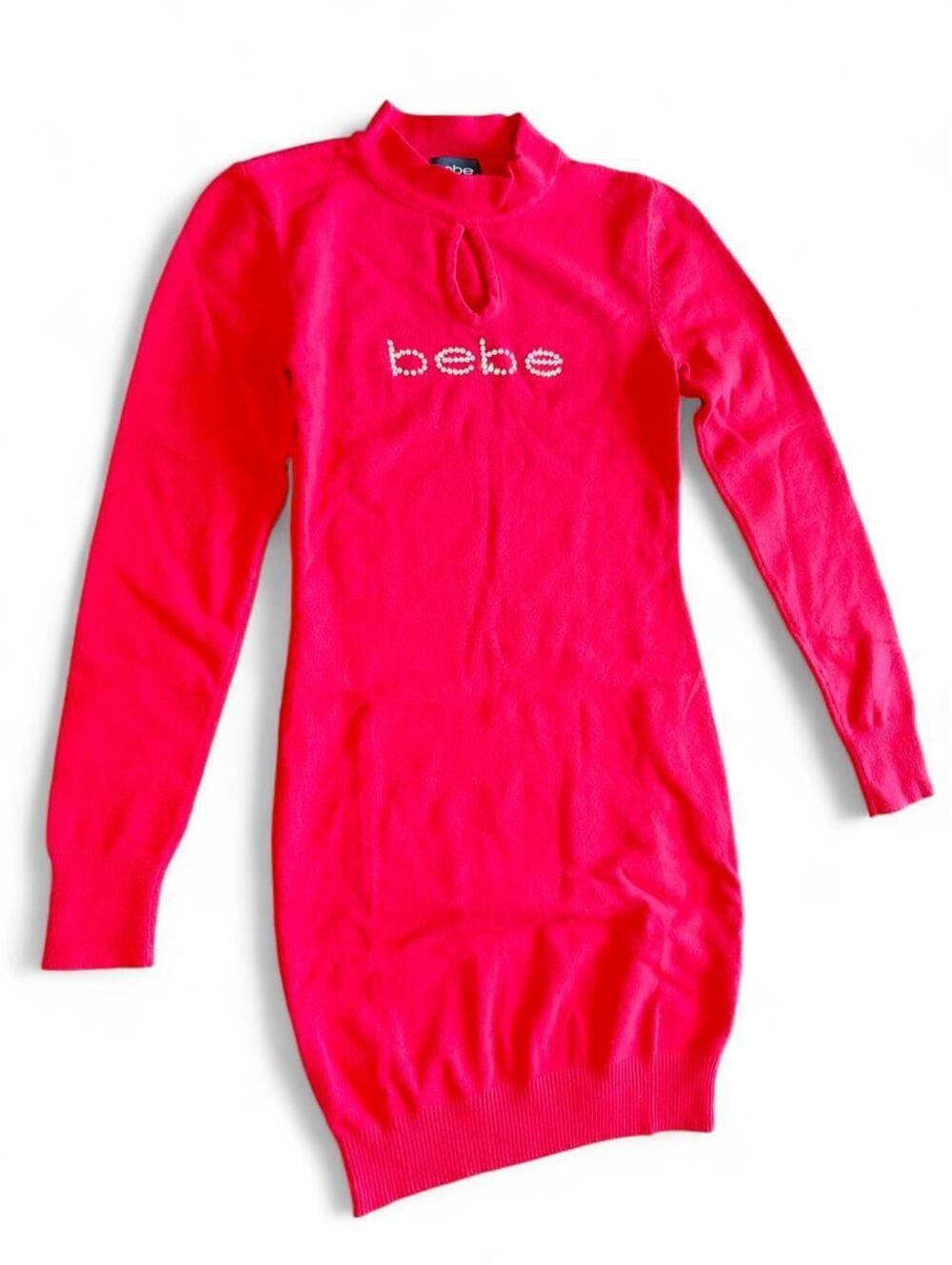 Y2K bebe Rhinestone Keyhole red long sleeve sweater dress